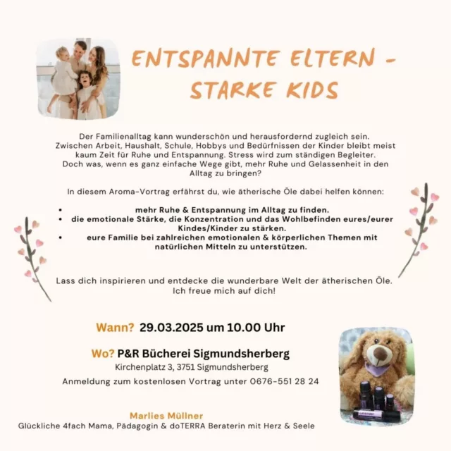 Unsere ätherischen Öle unterstützen uns jeden einzelnen Tag in unserem Familienleben und haben Vieles einfacher gemacht. 

Wenn du gern wissen möchtest,  wie sie auch euer Zusammenleben bereichern können, fühle dich herzlich eingeladen. 

Zwecks Platzreservierung schick mir bitte eine kurze Nachricht. 

Die Einladung darf gerne geteilt werden. Dafür sage ich herzlichen Dank! 😃

#oelefuersleben #essentialoils #weilwirsielieben #kraftdernatur  #aromabuddies #familienschatz